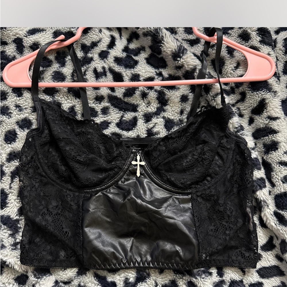 Black Lace and Leather Crop Top